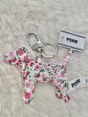PINK Victoria's Secret Floral Dog Keychain in White and Pink